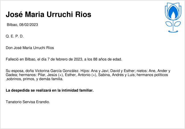 Esquela de José Maria Urruchi Rios