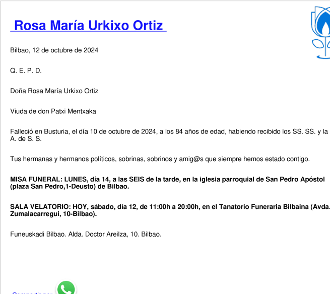 Esquela de Rosa Maria Urkixo Ortiz