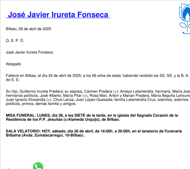 Esquela de Jose Javier Irureta Fonseca