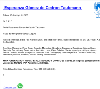 Esquela de Esperanza Gómez De Cedrón Taubmann