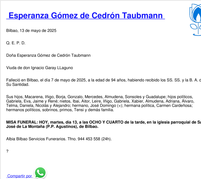 Esquela de Esperanza Gómez De Cedrón Taubmann