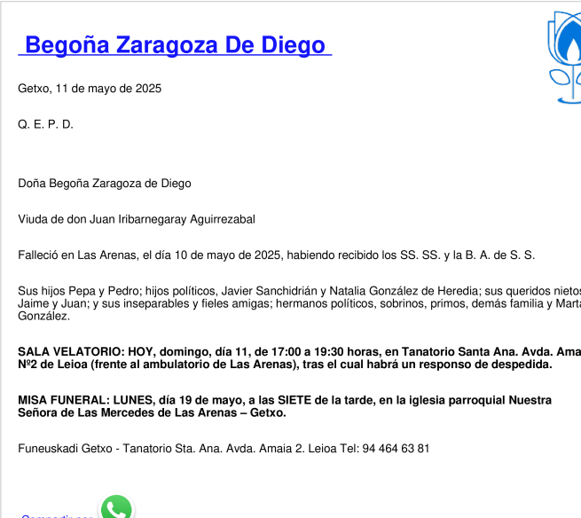Esquela de Begoña Zaragoza De Diego