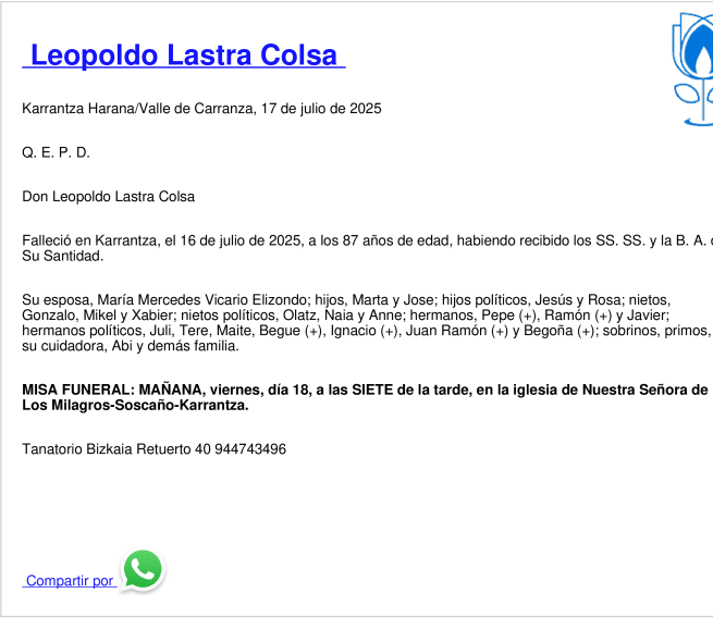 Esquela de Leopoldo Lastra Colsa