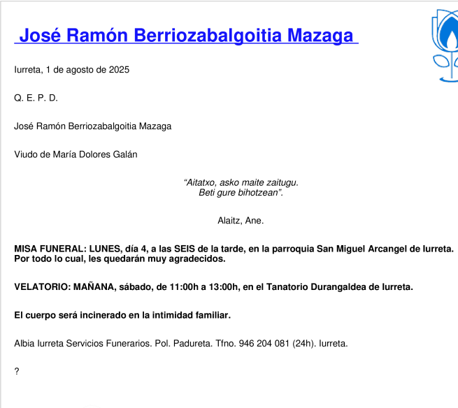 Esquela de José Ramón Berriozabalgoitia Mazaga