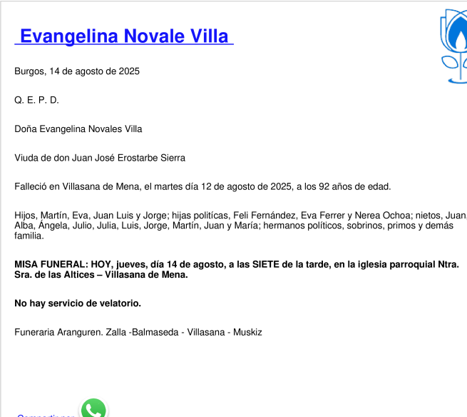 Esquela de Evangelina Novale Villa